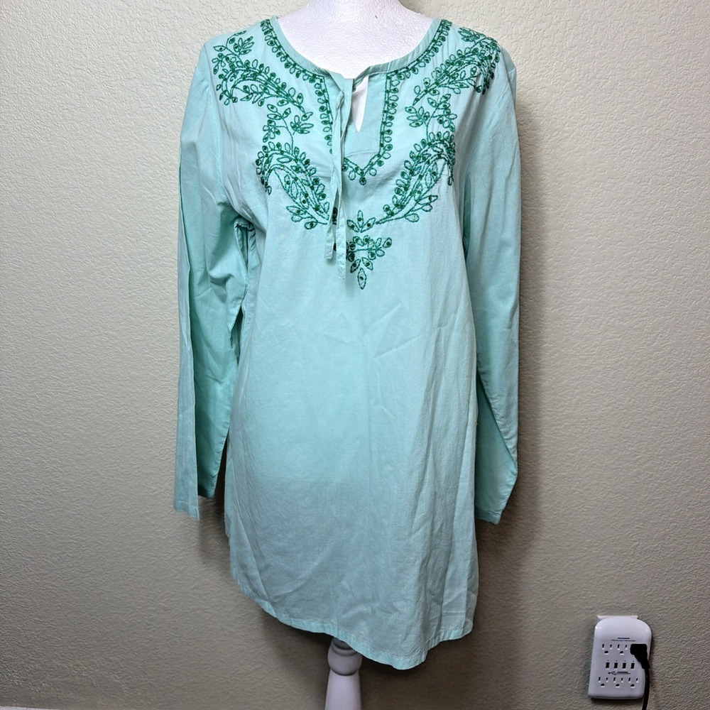 Kaktus Tunic Shirt Women Medium Aqua Teal Boho Embroidered Peasant Kaftan Top